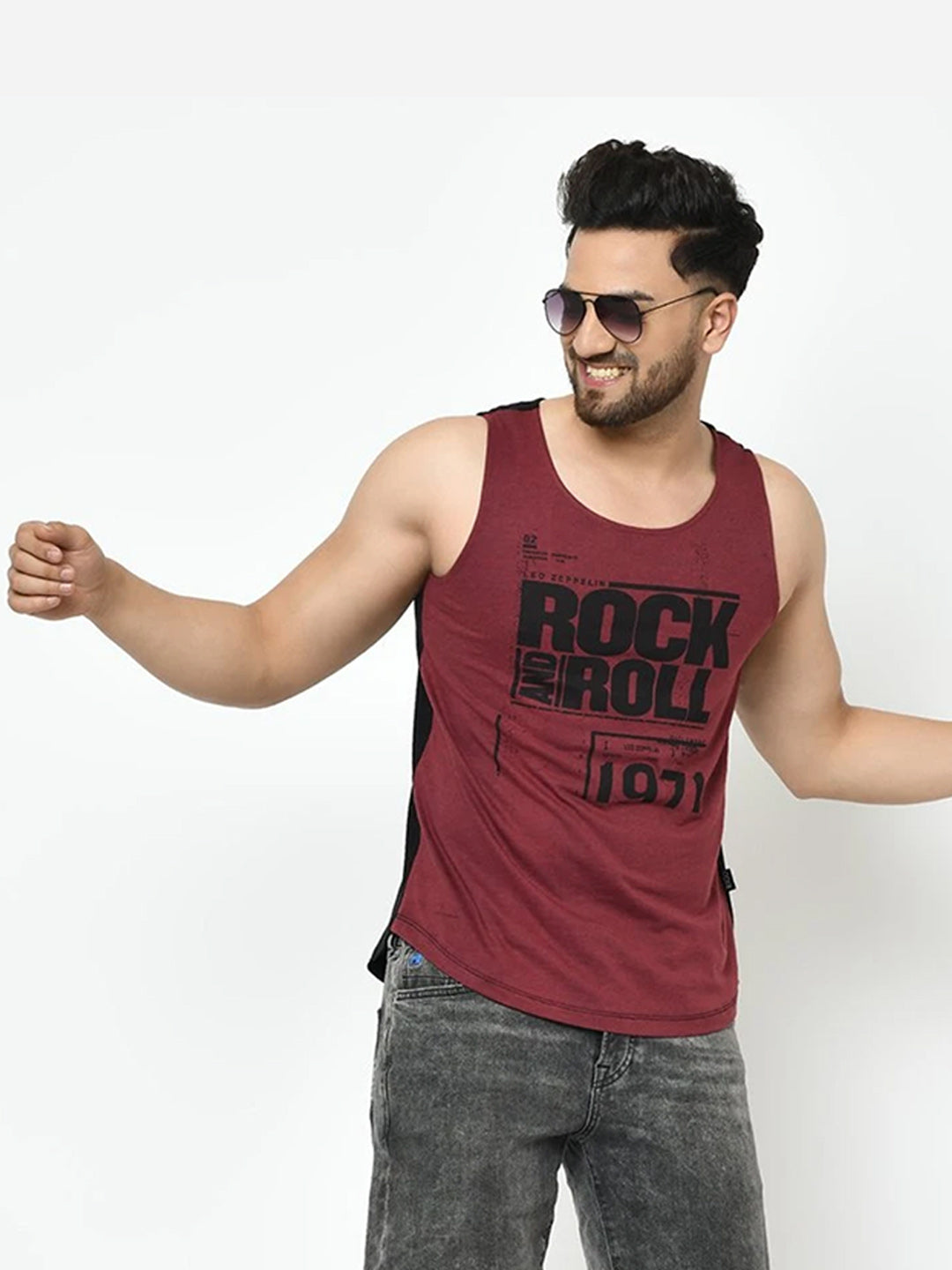 Men Maroon Black Placement Print With Curved Bottom Cotton Sleeveless TShirt Vest