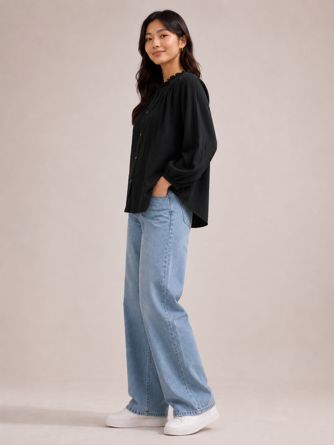 Women Black Ruffle Neck Top