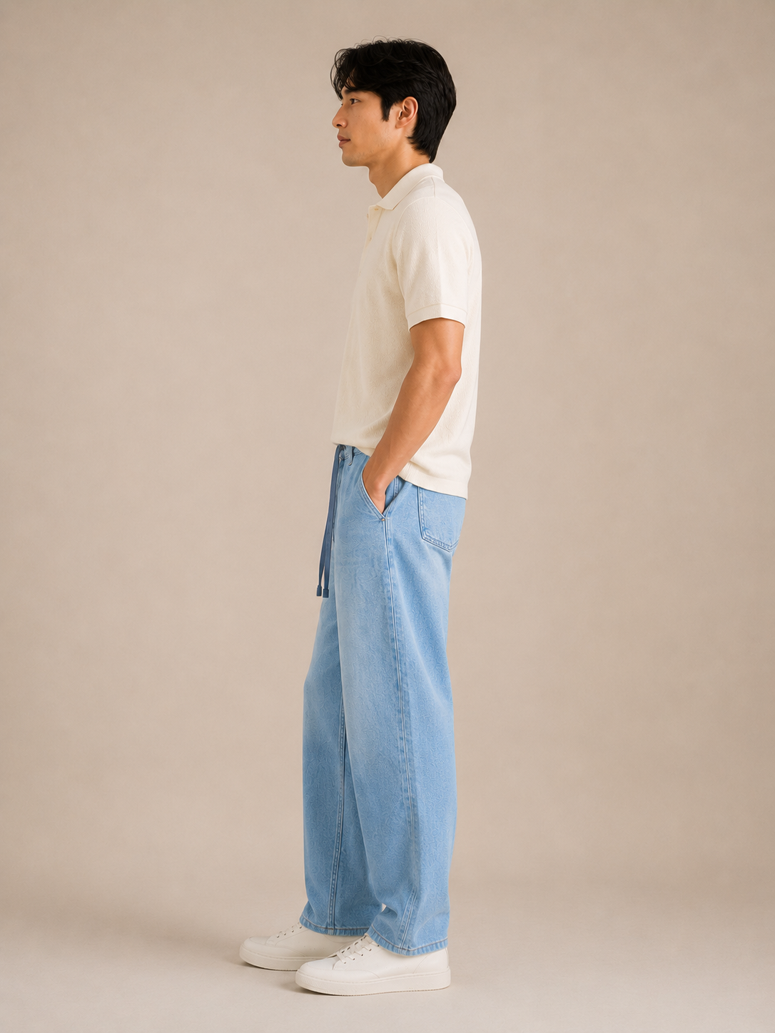 Men Light Blue Drawstring Denim Jeans