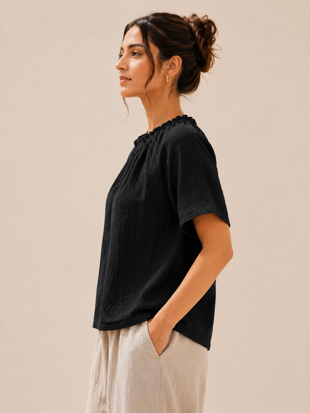 Women Black Gathered Neck Top