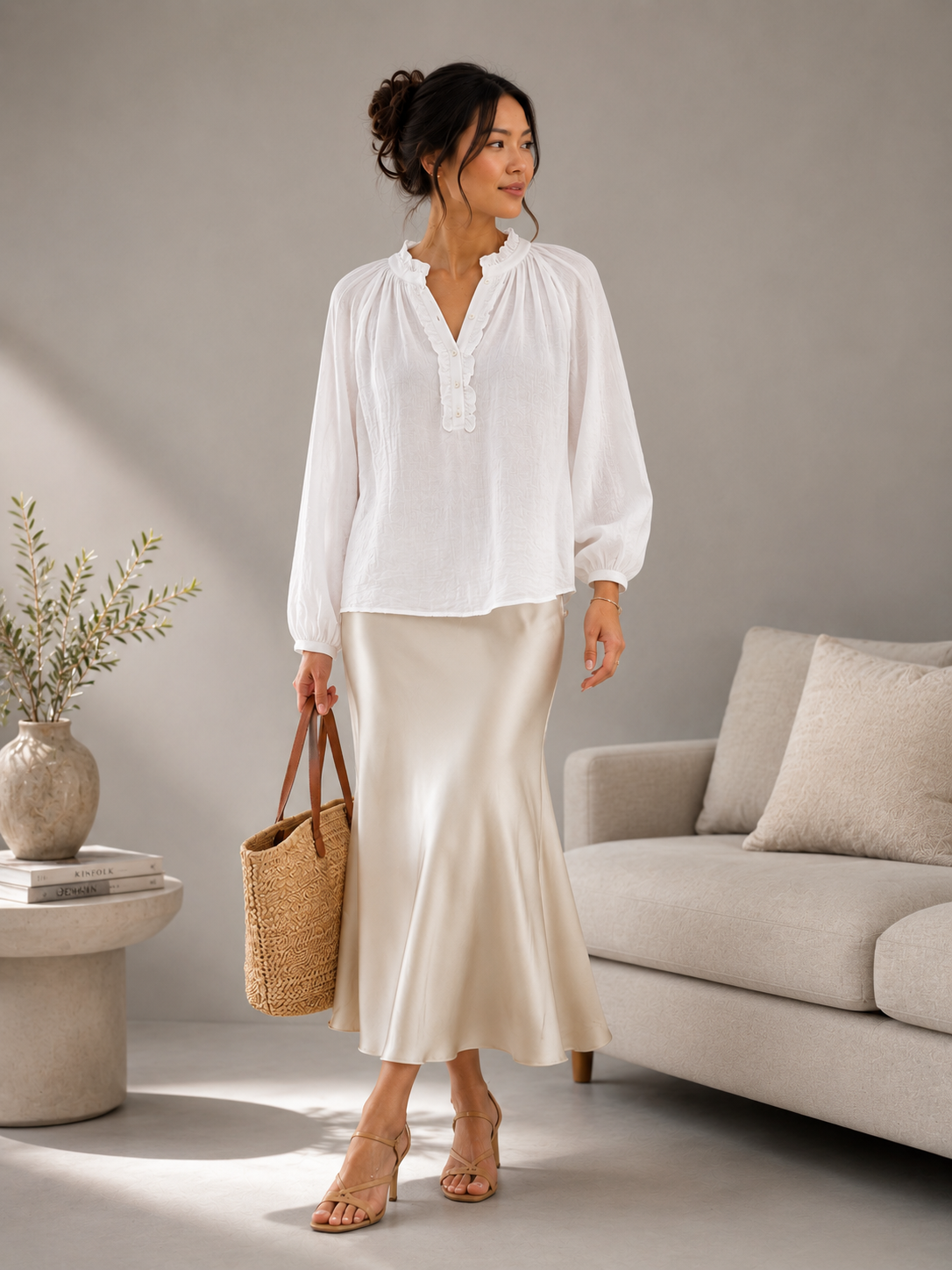 Women White Frilled Double Gauze Top