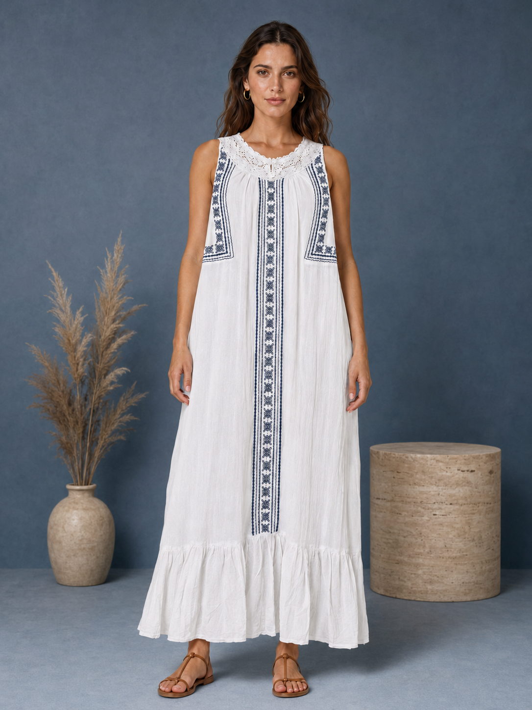 Women White Embroidered Bohemian Maxi Dress