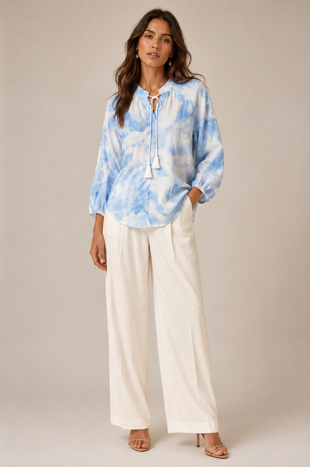 Women Blue Watercolor Print Tie Up Neck Top