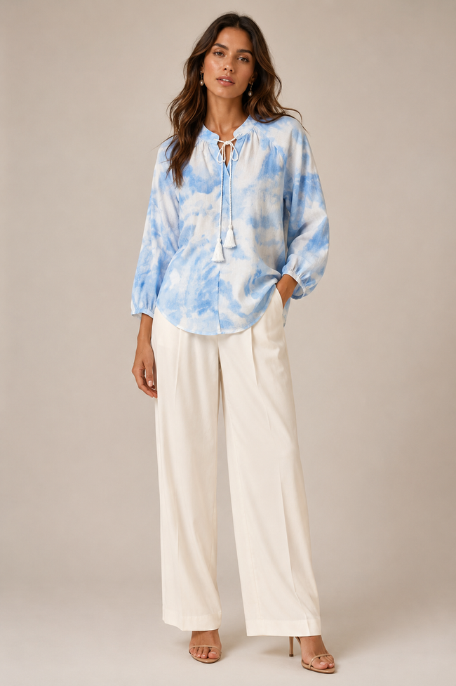 Women Blue Watercolor Print Tie Up Neck Top