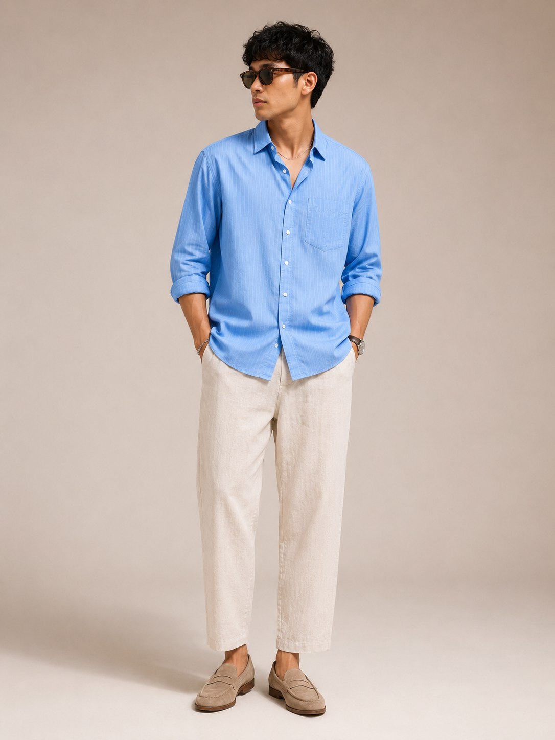 Men Blue Self-Stripe Shirt