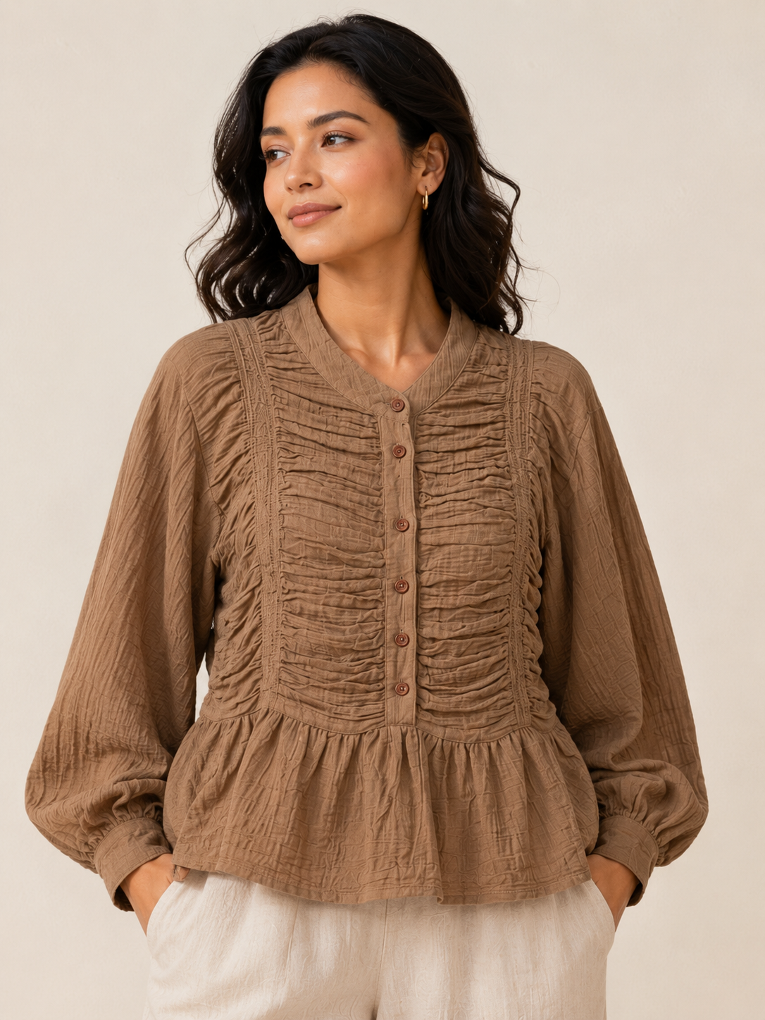 Women Brown Ruffle Front Peplum Top