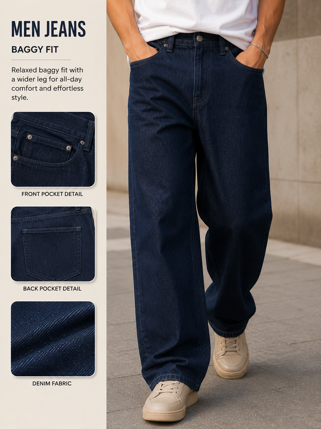 Men Dark Indigo Wide Leg Baggy Jeans
