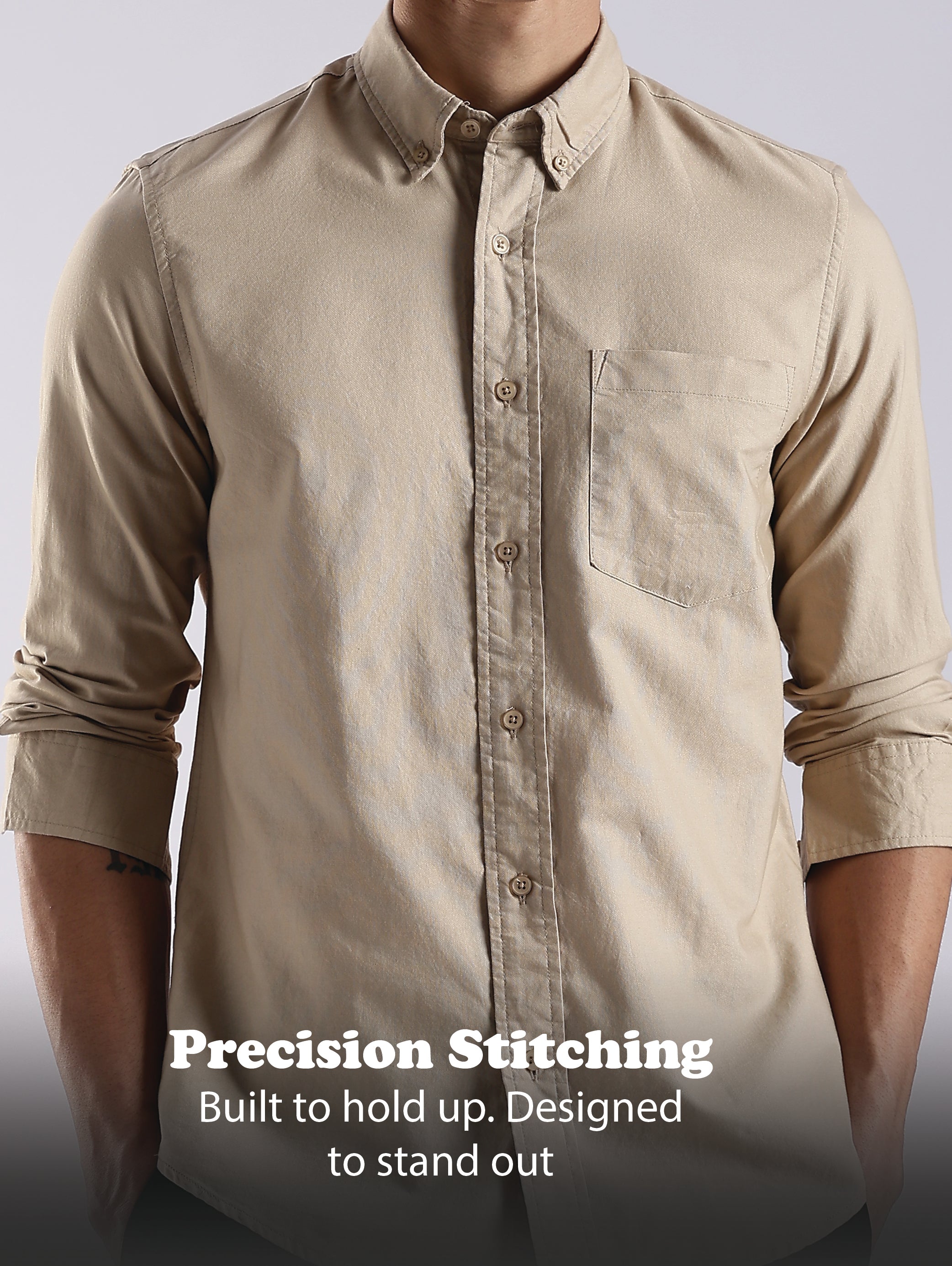 Men Cream Oxford Solid Shirt