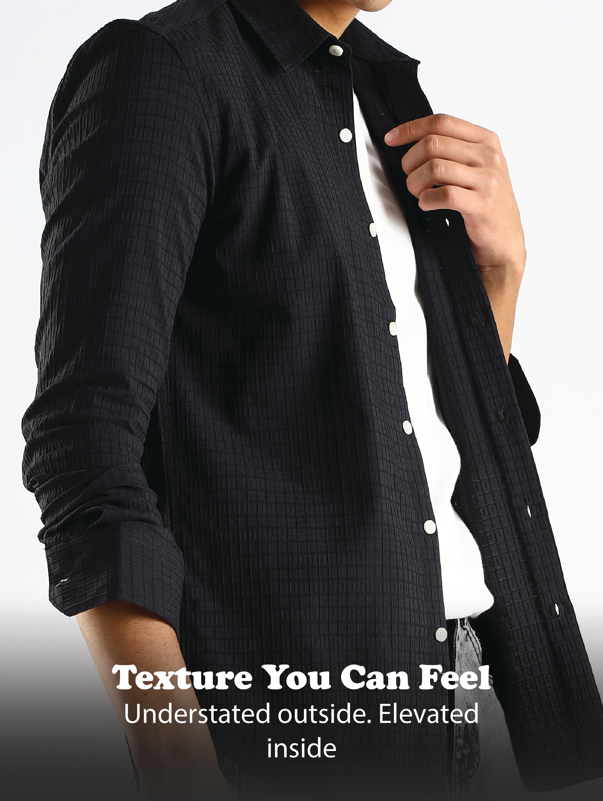 Men Black Poly Blend Slim Fit Shirt