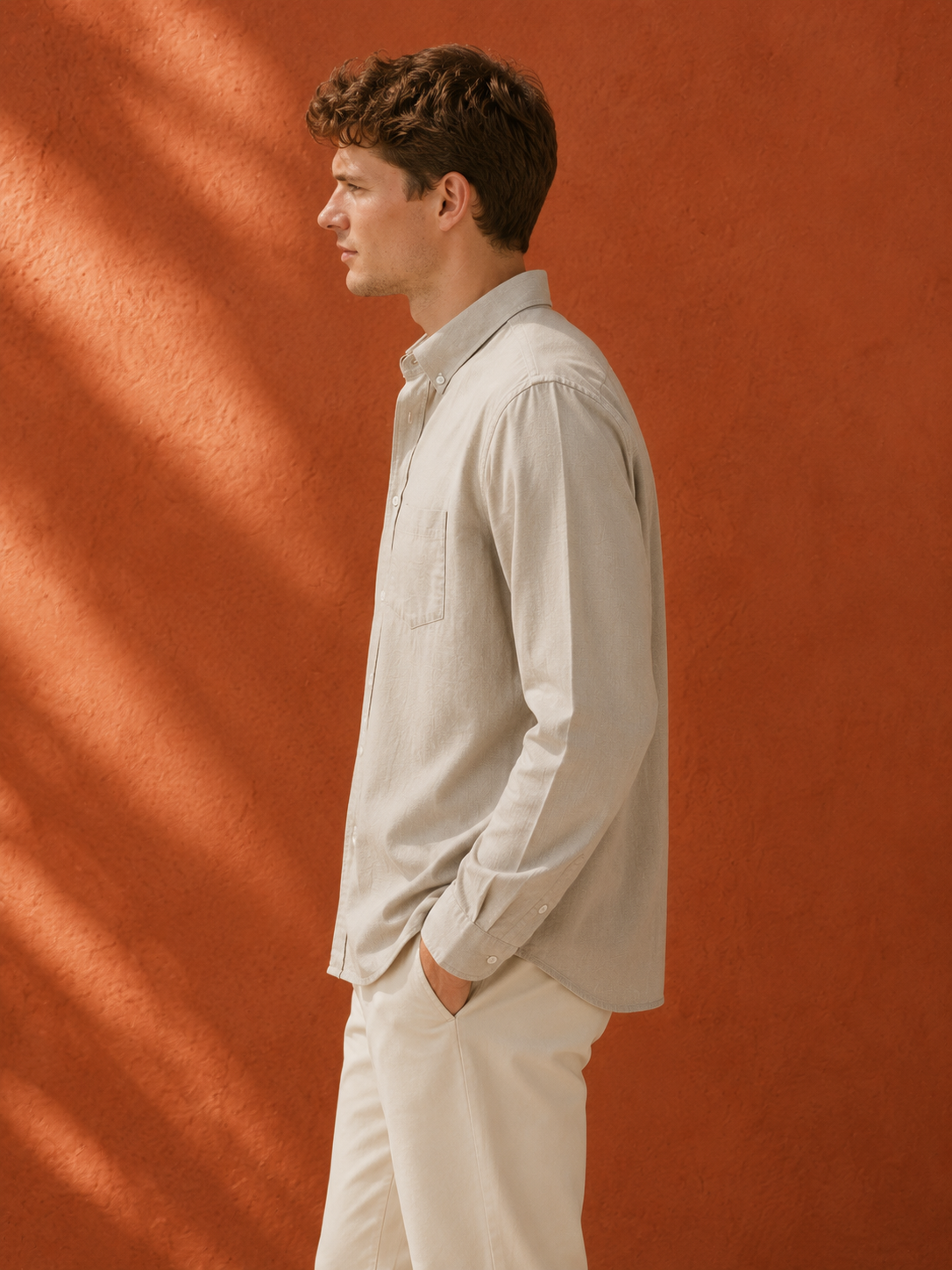 Men Beige Oxford Button Down Shirt