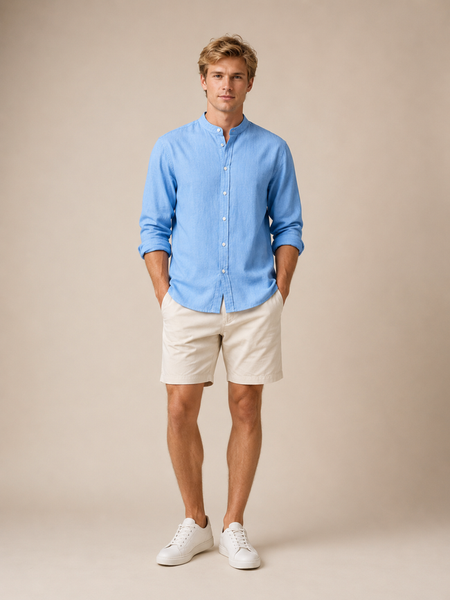 Men Blue Linen Band Collar Shirt