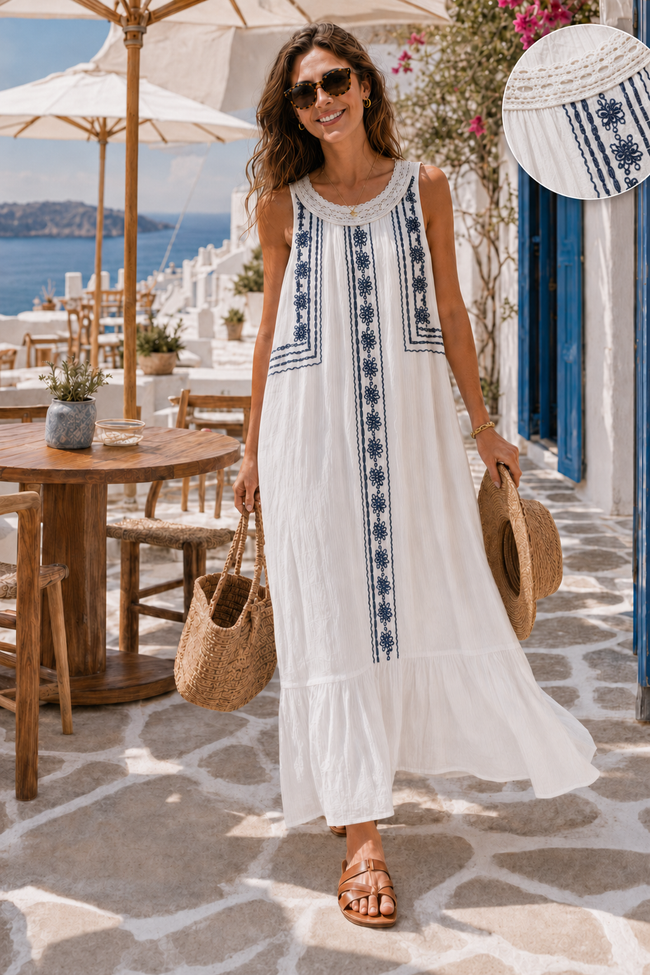 Women White Embroidered Bohemian Maxi Dress