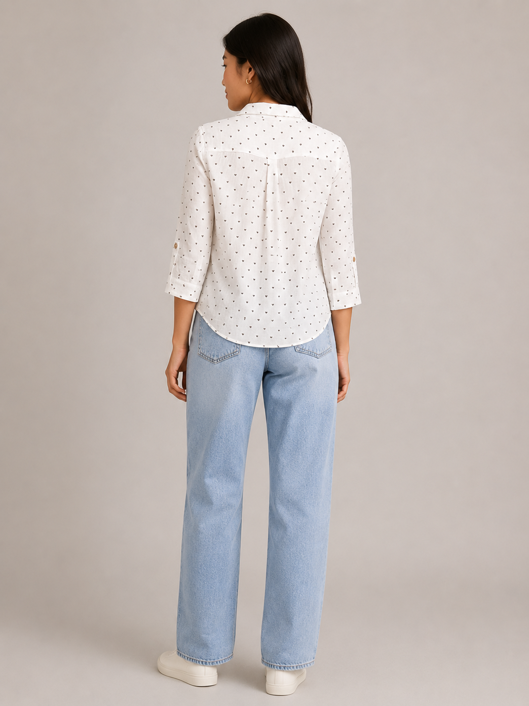 Women White Heart Printed Double Gauze Top