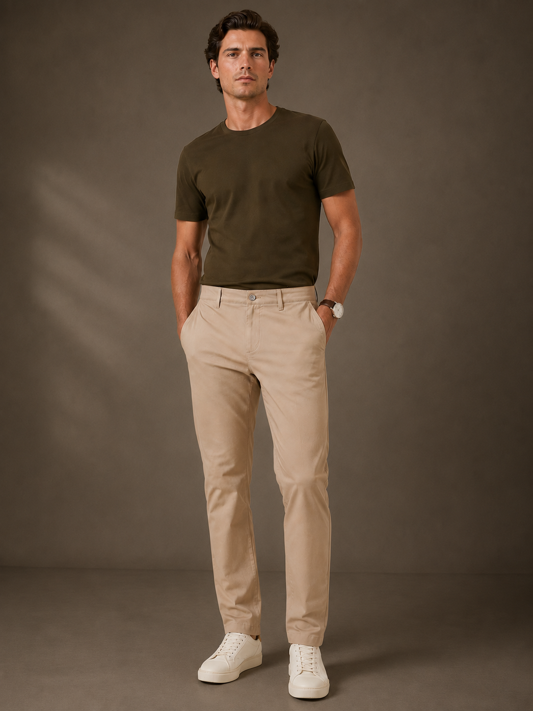 Men Khaki Tailored Fit Trousers