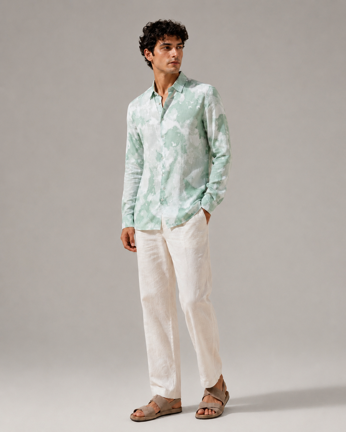 Men Green Watercolor Print Shirt