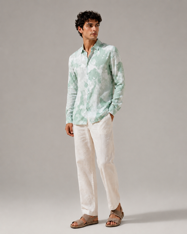 Men Green Watercolor Print Shirt