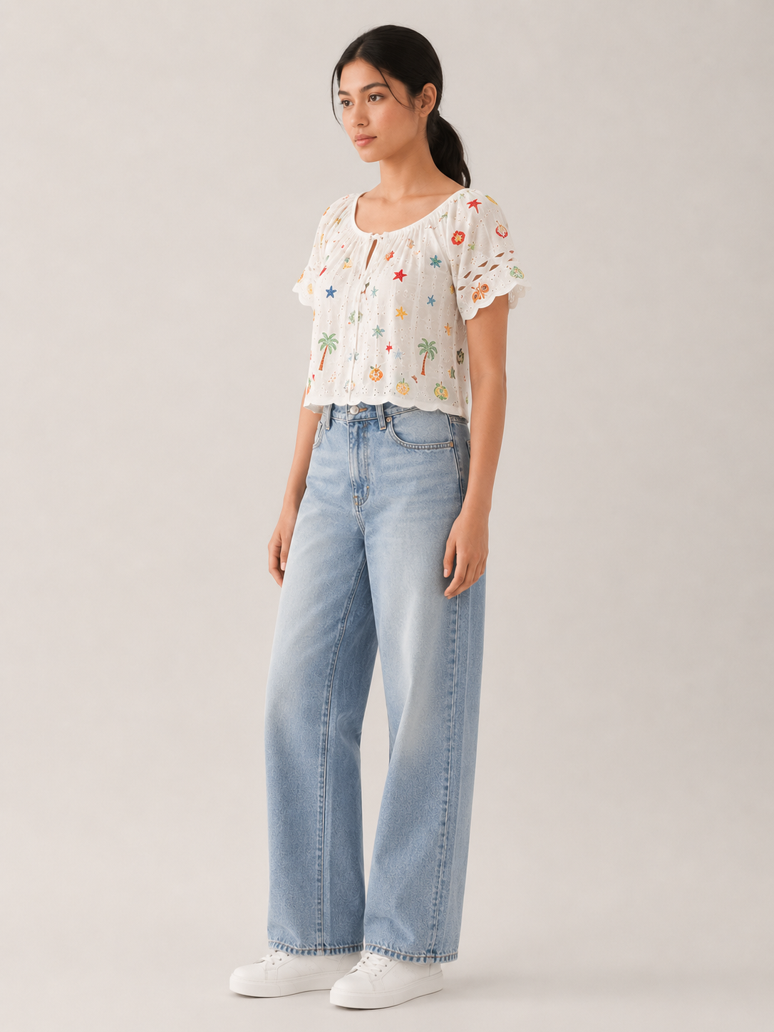 Women Multi Print Schiffli Vacation Top