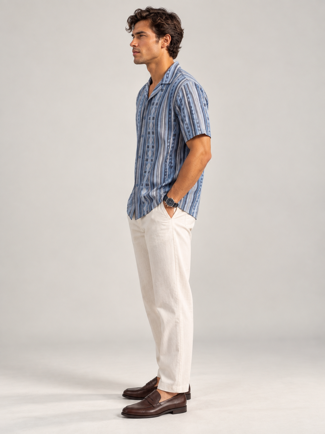 Men Blue Asymmetric Stripe Cuban Collar Shirt