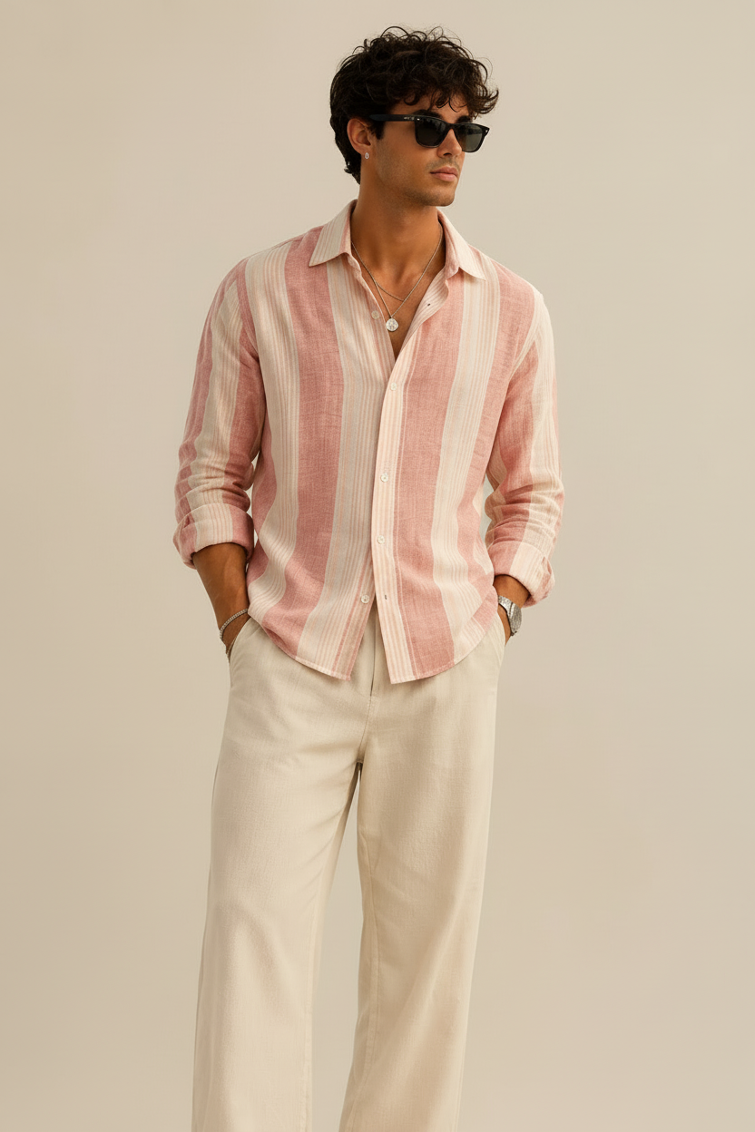 Men Red Vertical Stripe Long Sleeve Shirt