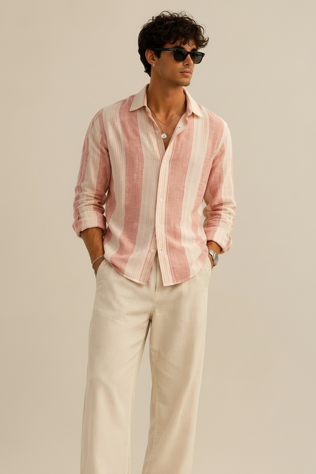 Men Red Vertical Stripe Long Sleeve Shirt