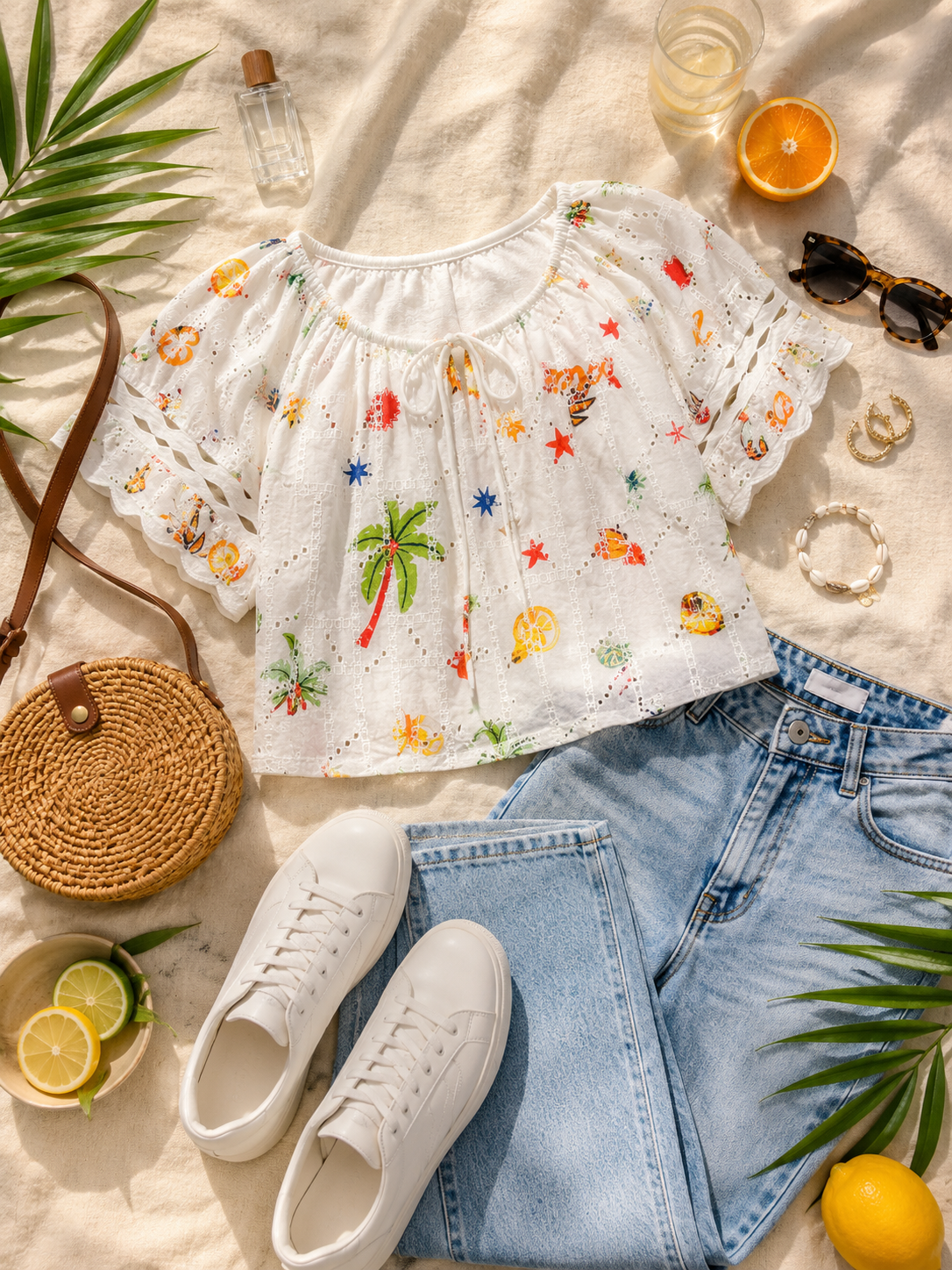 Women Multi Print Schiffli Vacation Top