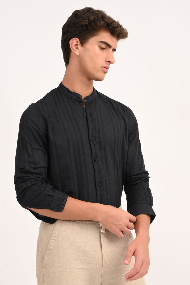 Mens Becky Black Striped Linen Check Shirt
