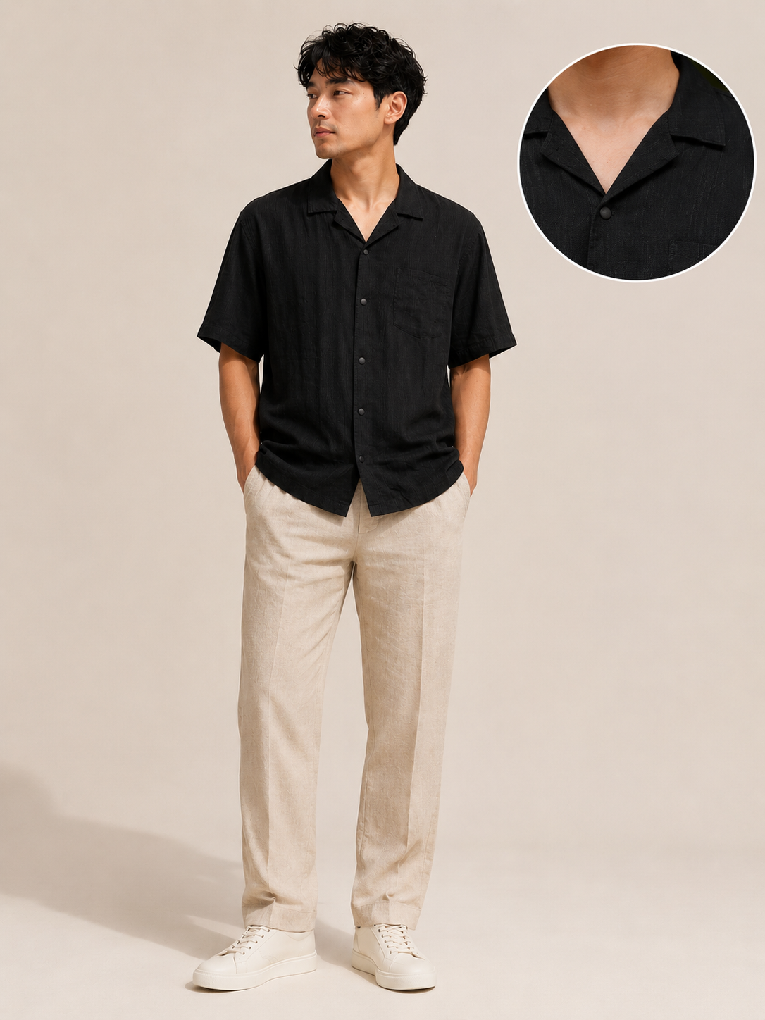 Men Black Textured Camp Collar Shirt