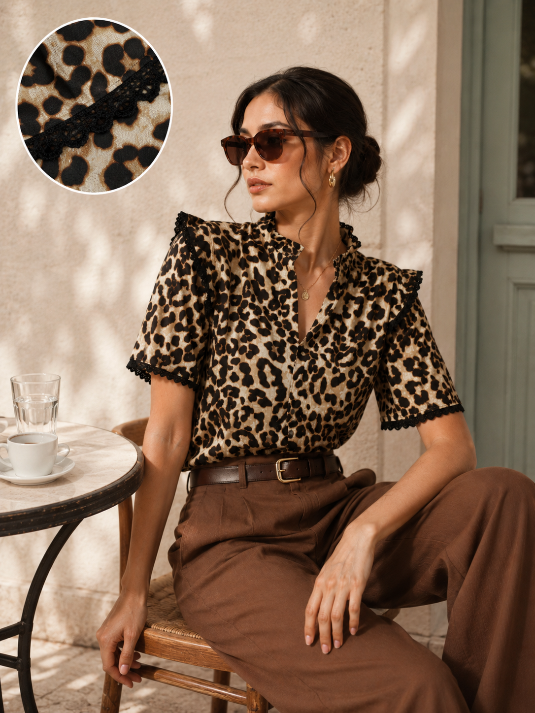 Women Brown Leopard Print Ruffle Neck Top