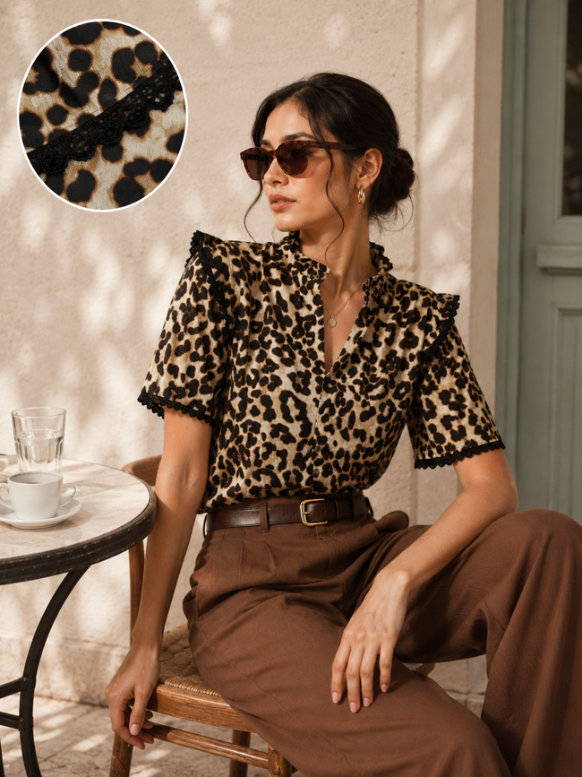 Women Brown Leopard Print Ruffle Neck Top
