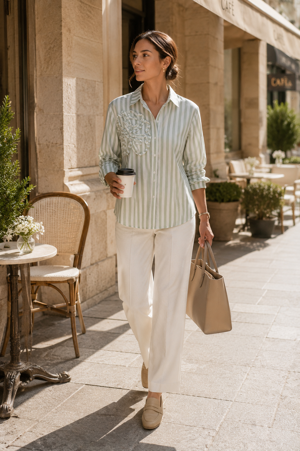 Women Sage Stripe Shirt With Ruffle Detail