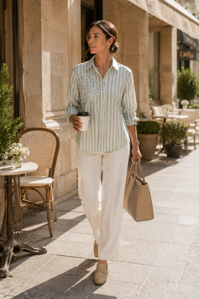 Women Sage Stripe Shirt With Ruffle Detail