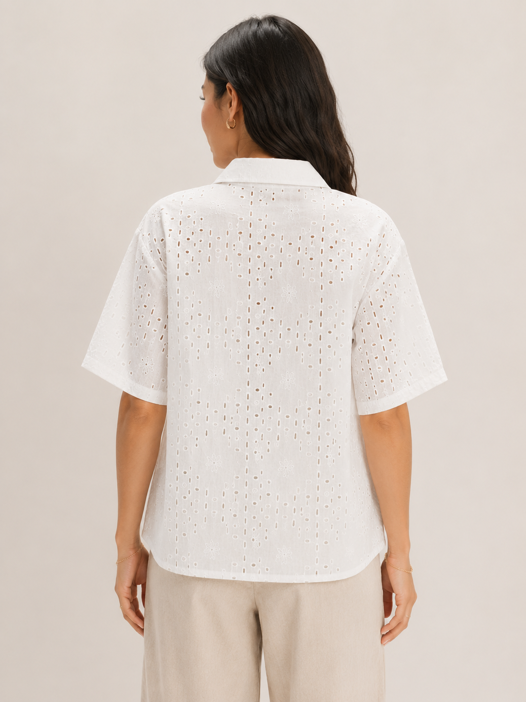 Women White Diamond Shiffli Boxy Shirt