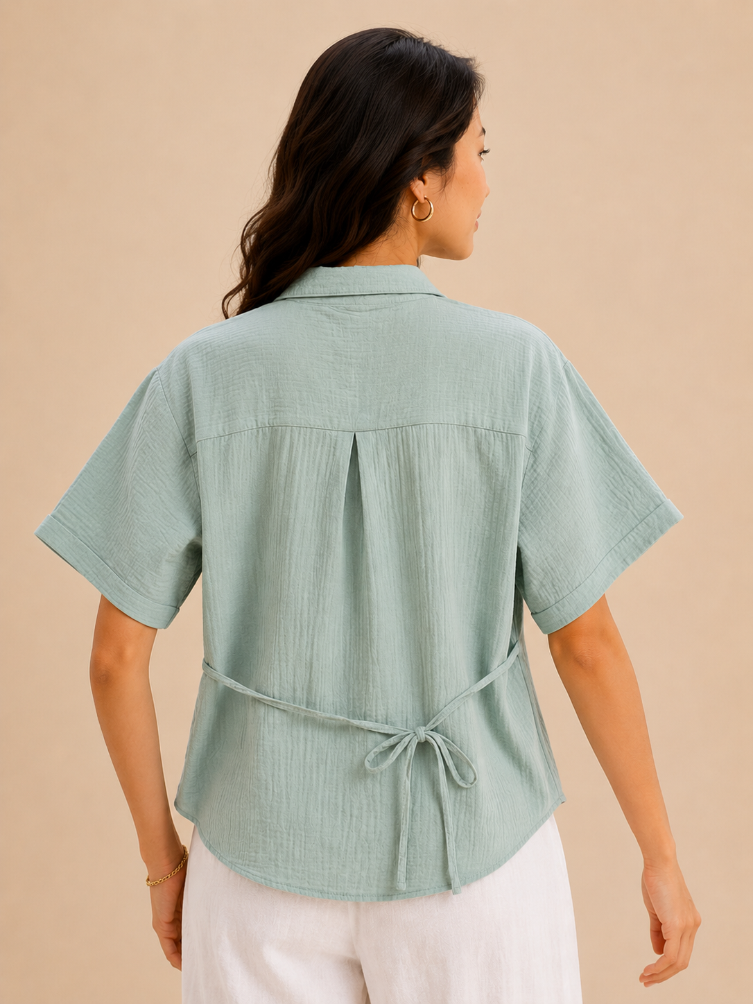 Women Green Double Gauze Shirt With Waist Tie