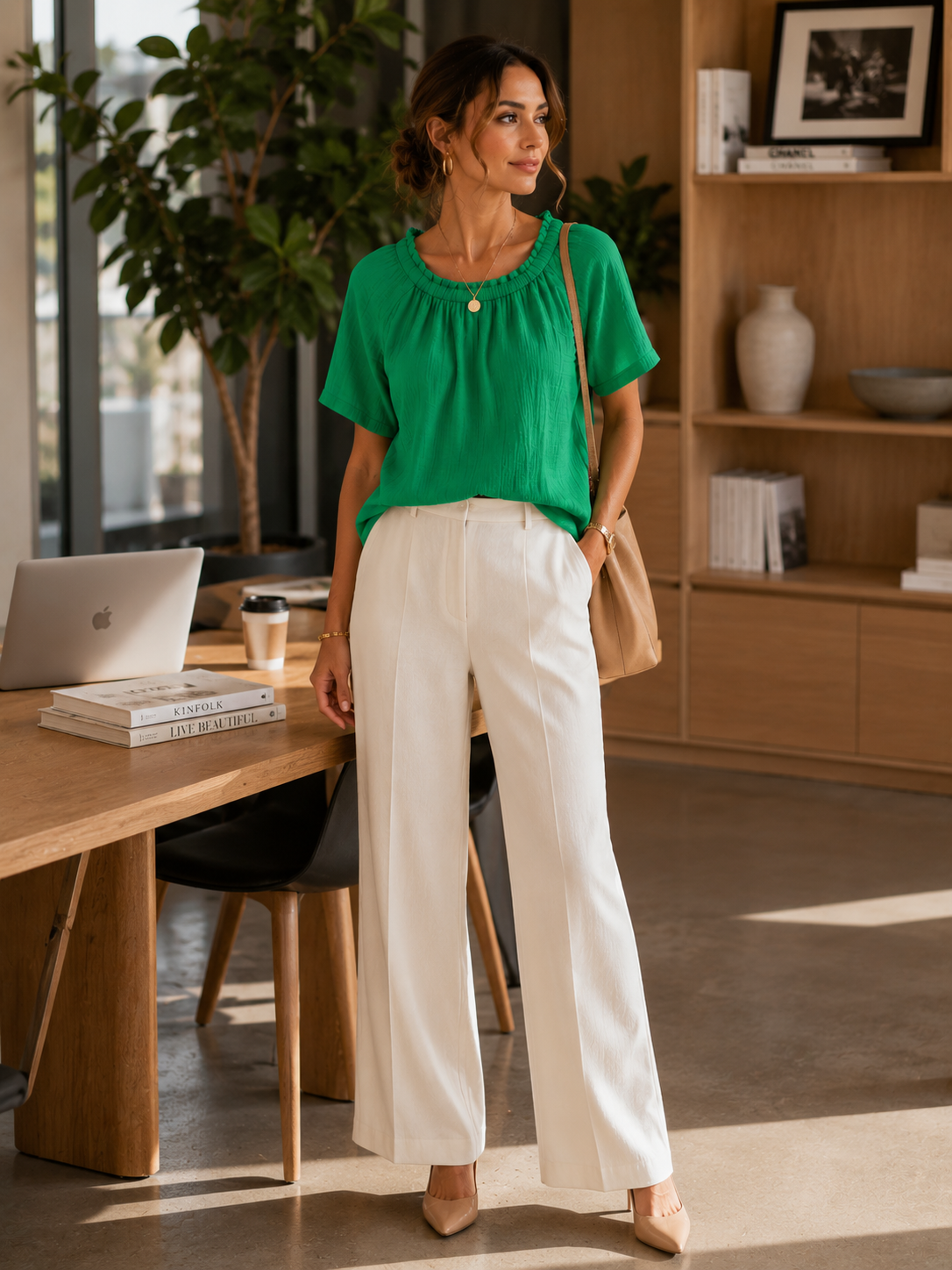 Women Green Gathered Neck Top
