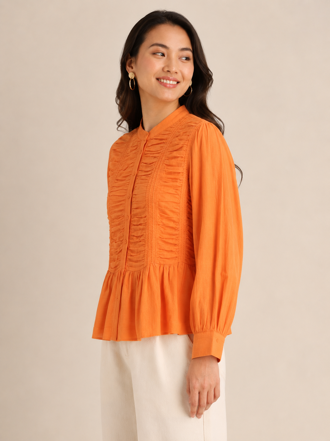 Women Orange Ruffle Front Peplum Top