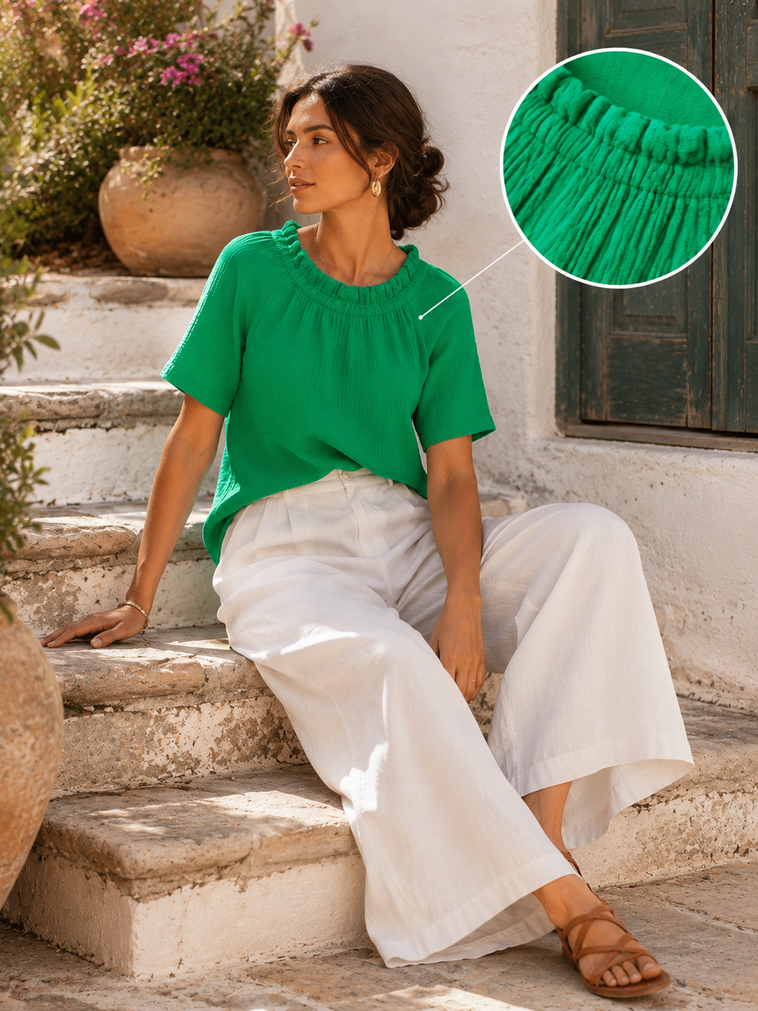 Women Green Gathered Neck Top