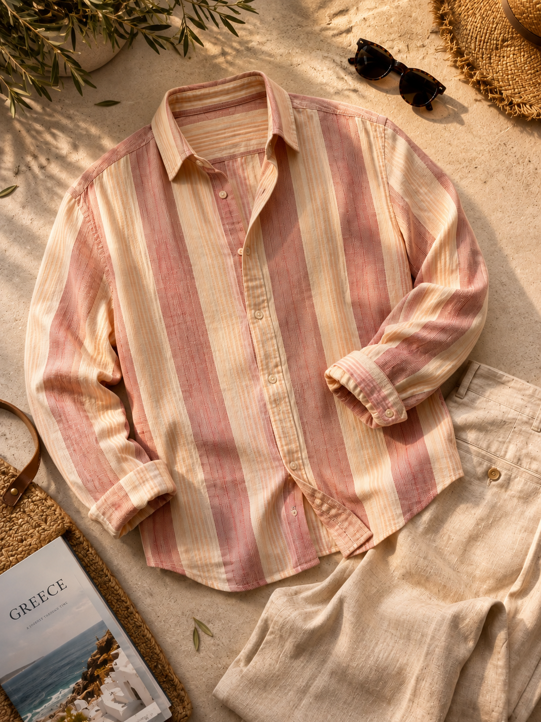 Men Red Vertical Stripe Long Sleeve Shirt
