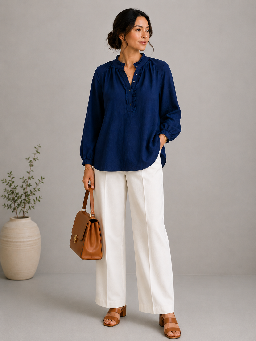Women Navy Frilled Double Gauze Top