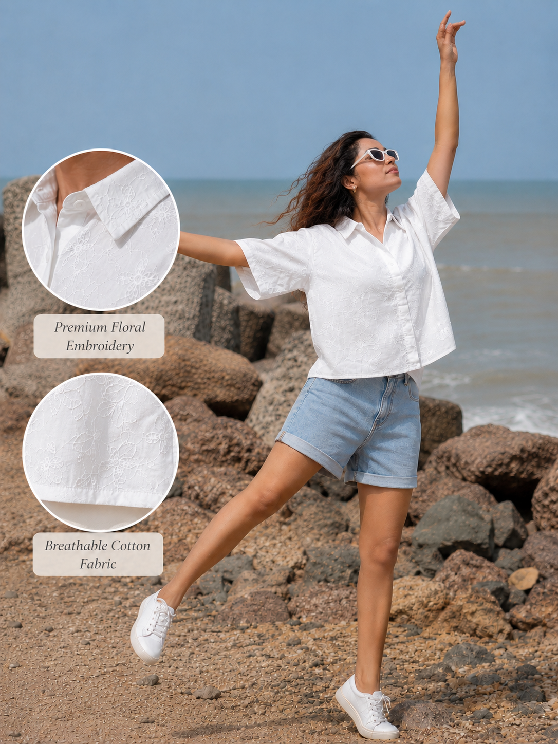 Women White Floral Embroidered Shirt