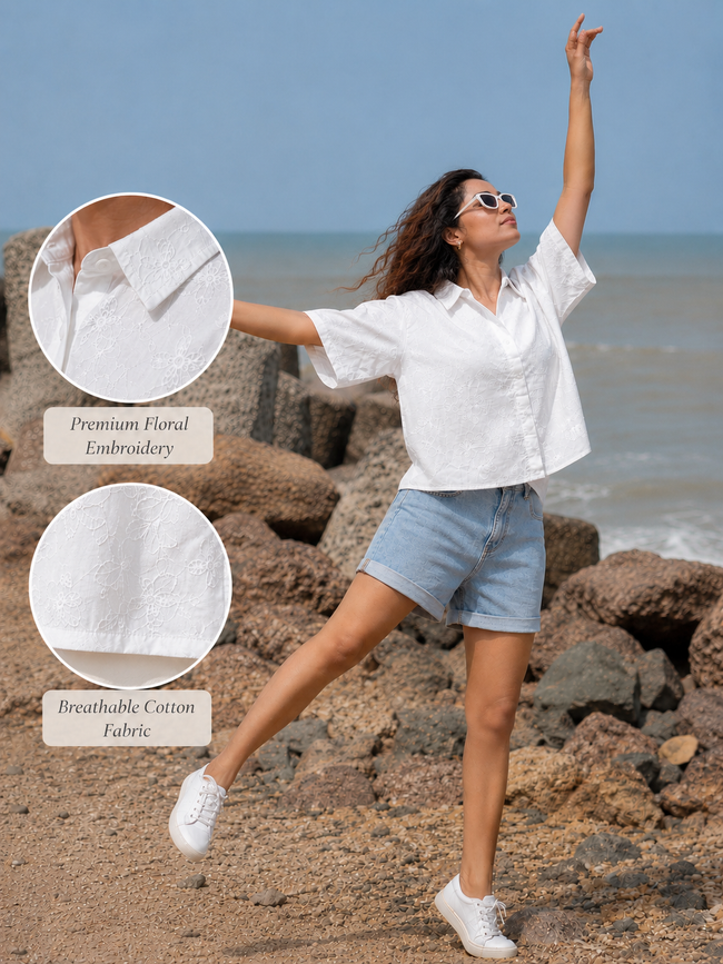 Women White Floral Embroidered Shirt