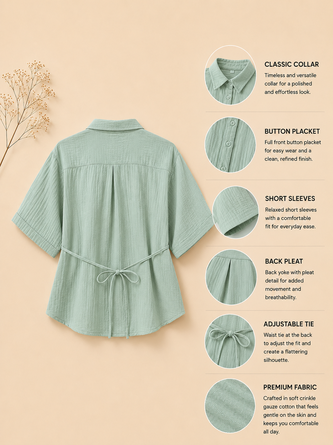 Women Green Double Gauze Shirt With Waist Tie