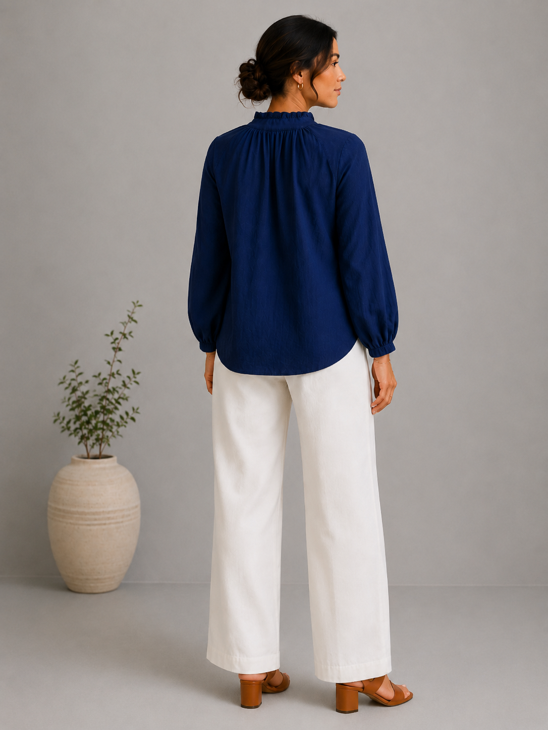 Women Navy Frilled Double Gauze Top