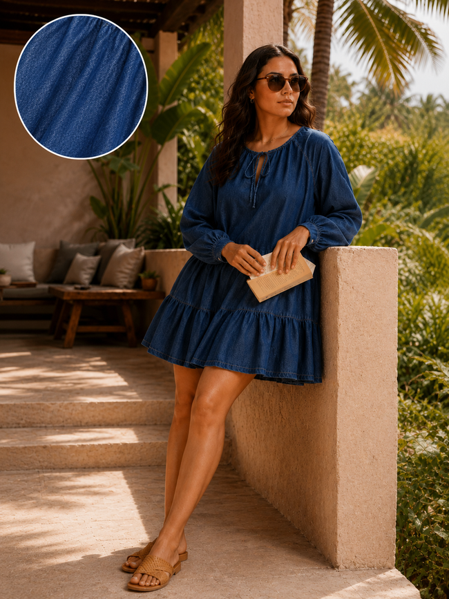 Women Blue Tie-Neck Tiered Dress