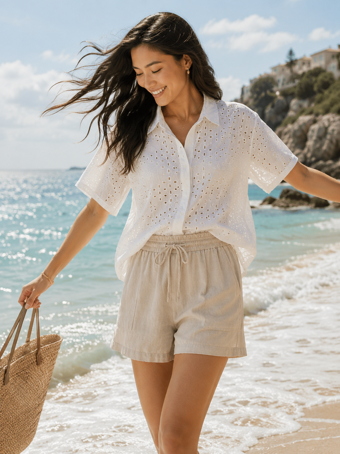 Women White Diamond Shiffli Boxy Shirt