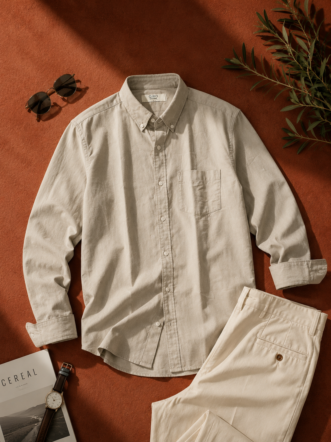 Men Beige Oxford Button Down Shirt