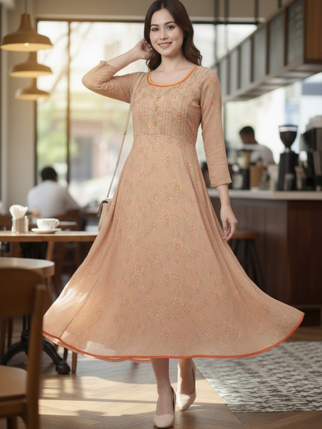 Women Beige Floral Chiffon Dress