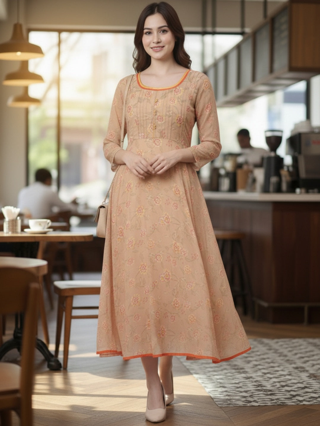 Women Beige Floral Chiffon Dress