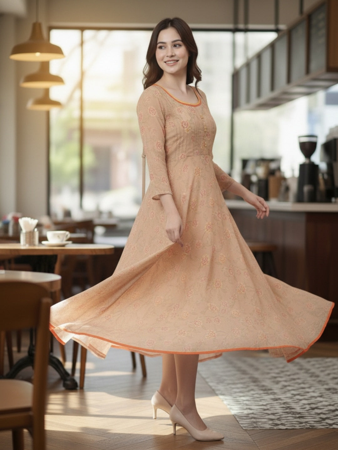 Women Beige Floral Chiffon Dress