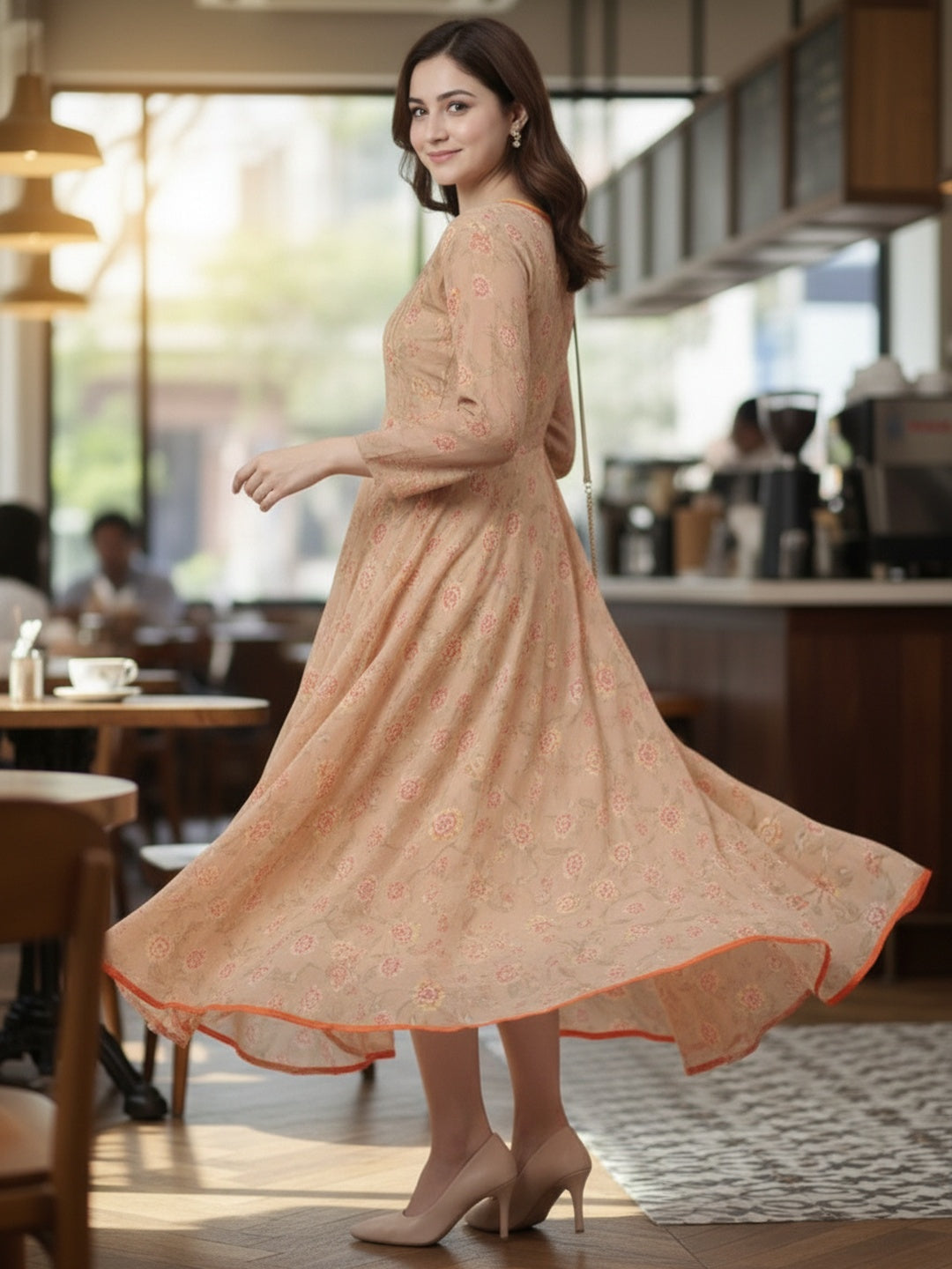 Women Beige Floral Chiffon Dress