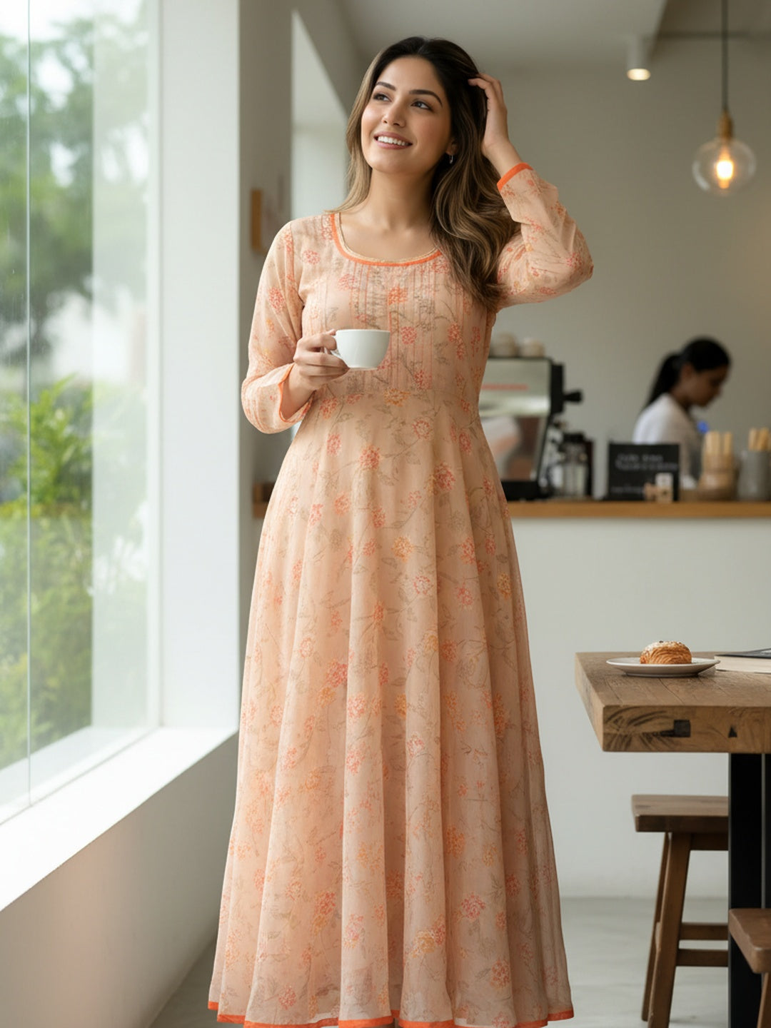 Women Beige Floral Chiffon Dress